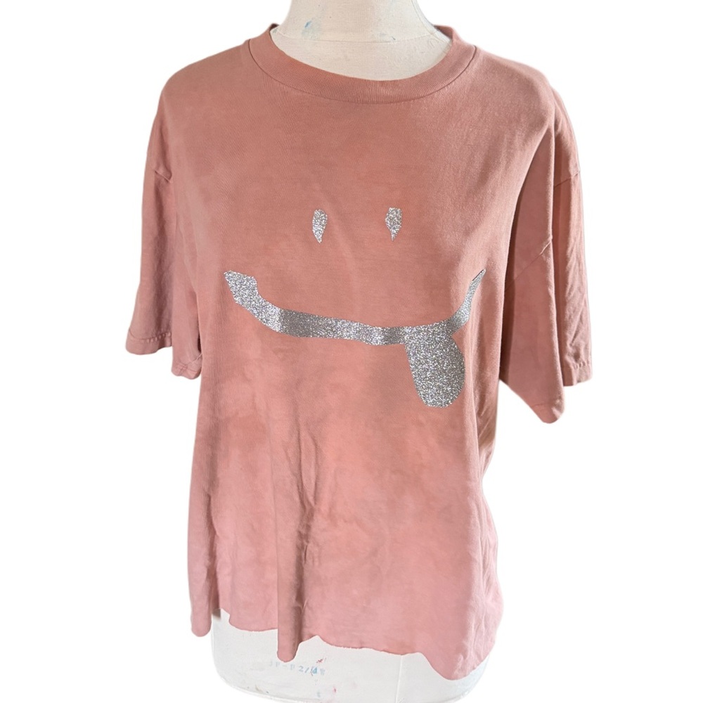Custom Pink tie dye raw hem cropped  T-Shirt with Silver Smiley Face tongue sz L